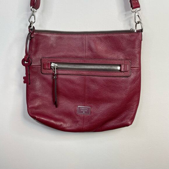 Fossil Dawson Top Zip Pebbled Leather Crossbody Shoulder Bag Purse Wine Burgundy - Picture 2 of 15